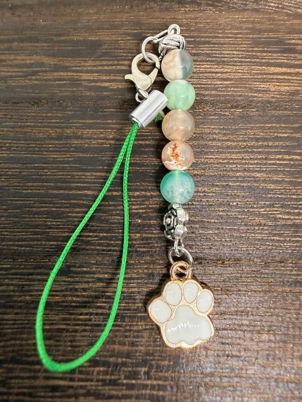 Charm - Green Flower Agate, White Enamel Paw Charm