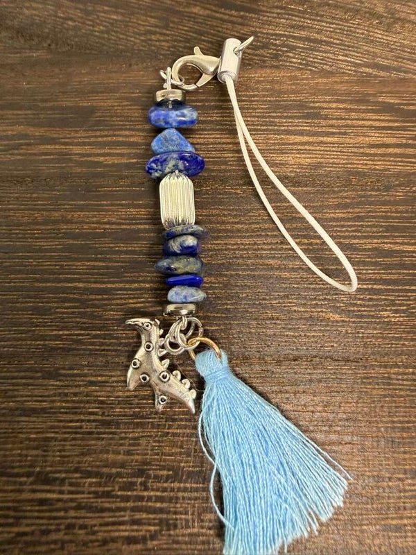 Charm - Lapis Lazuli Chips, Silver Dinosaur Charm, Light Blue Tassel