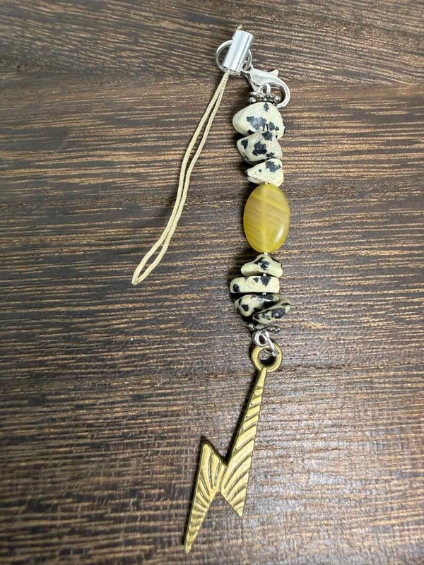 Charm - Dalmatian Jasper Chips, Antique Lightning Bolt