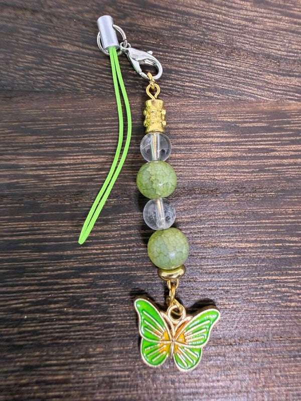 Charm - Clear Quartz Beads, Yellow Glass Beads, Green Butterfly Charm