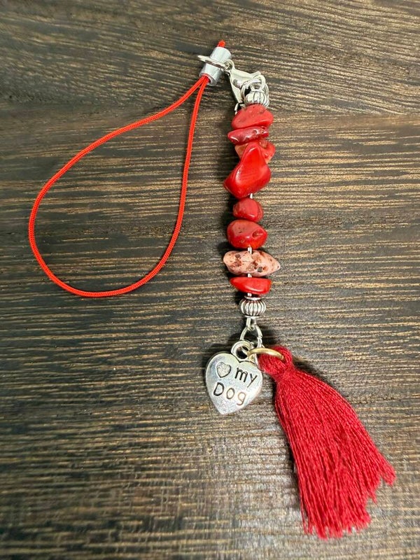 Charm - Red Coral Chips, "I Love My Dog" Charm, Red Tassel