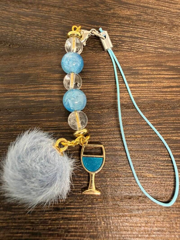 Charm - Clear Quartz, Light Blue Glass Beads, Light Blue Drink Charm, Pom Pom