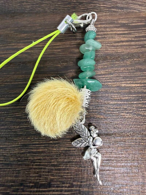 Charm - Amazonite Chips, Silver Fairy Charm, Cream Pompom