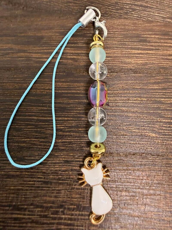 Charm - Clear Quartz Beads, Glass Beads, White Enamel Cat Charm
