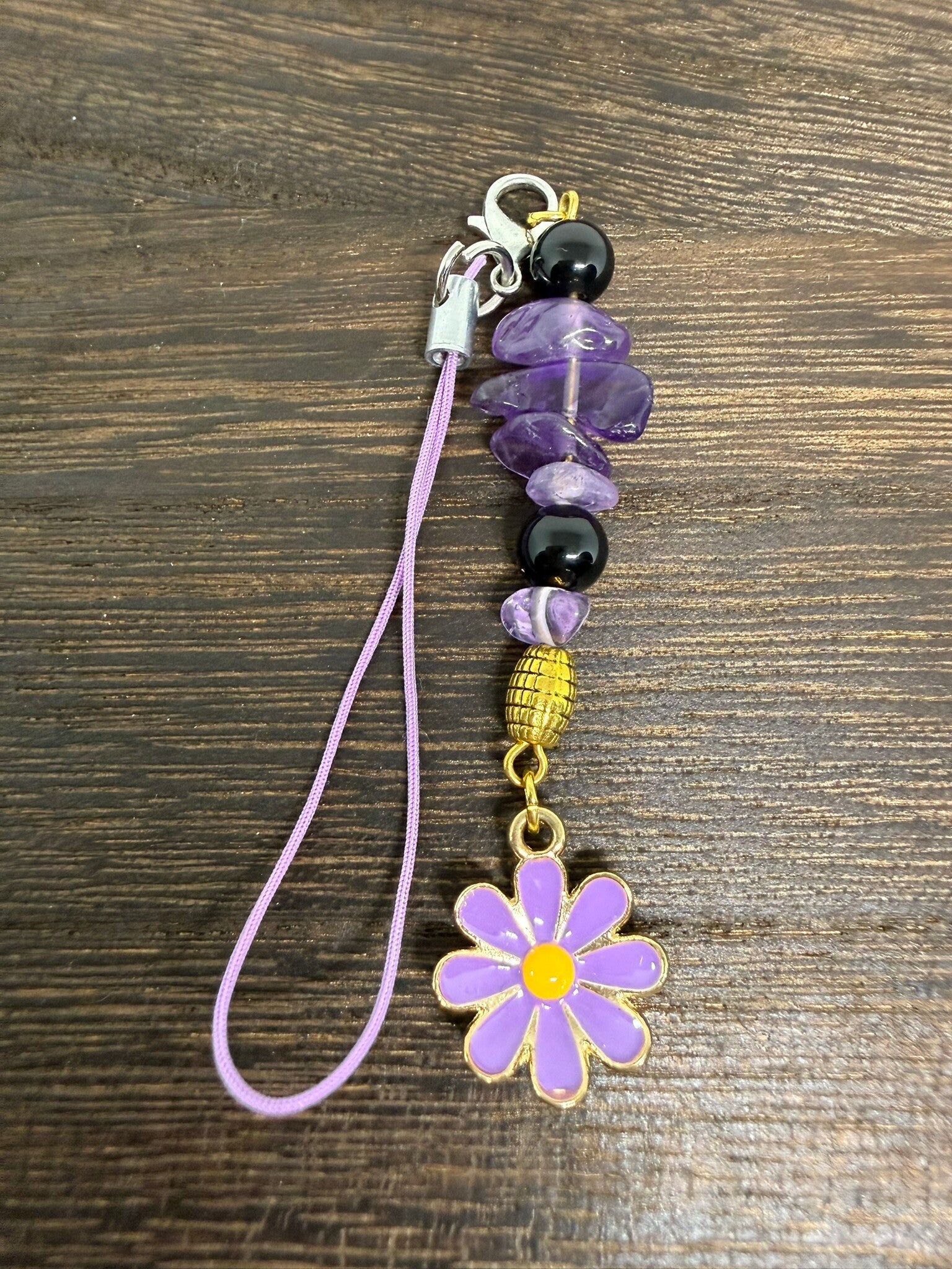 Charm - Amethyst Chips, Onyx Beads, Lavender Enamel Flower Charm