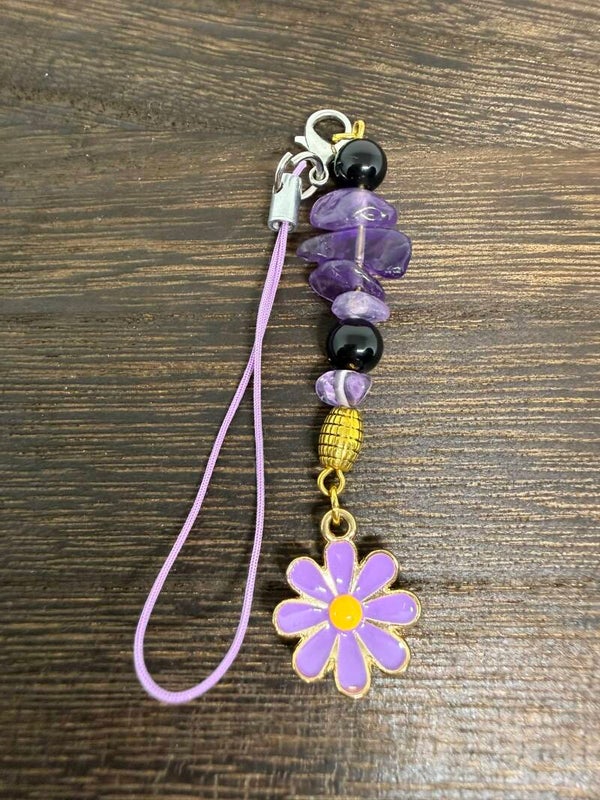 Charm - Amethyst Chips, Onyx Beads, Lavender Enamel Flower Charm
