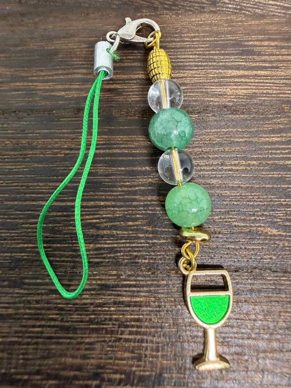 Charm - Clear Quartz Beads, Green Glass Beads, Green Drink Charm