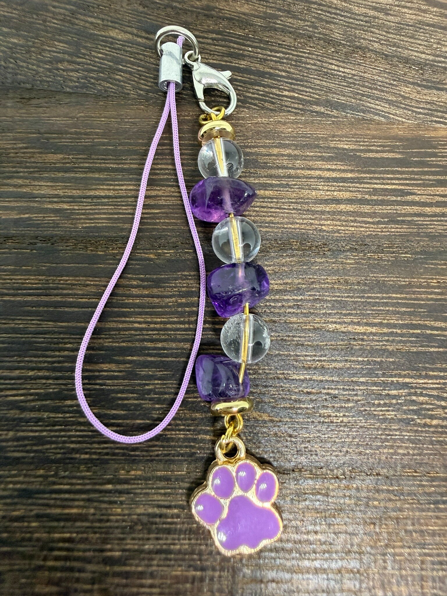 Charm - Amethyst Chips, Clear Quartz Beads, Purple Enamel Paw Charm