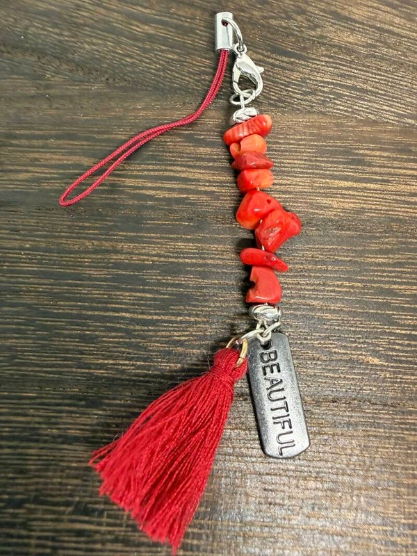 Charm - Red Coral Chips, "Beautiful" Charm, Red Tassel