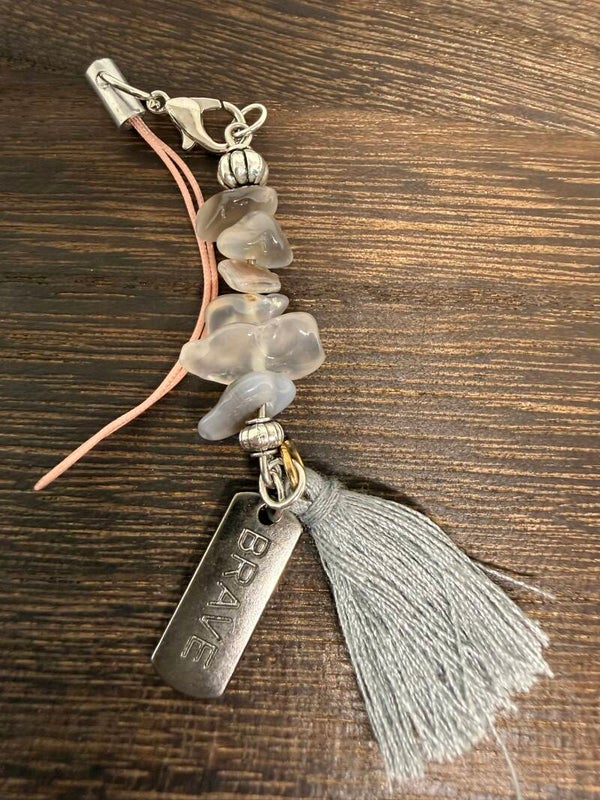 Charm - Smokey Quartz Chips, "Brave" Charm, Silver Tassel