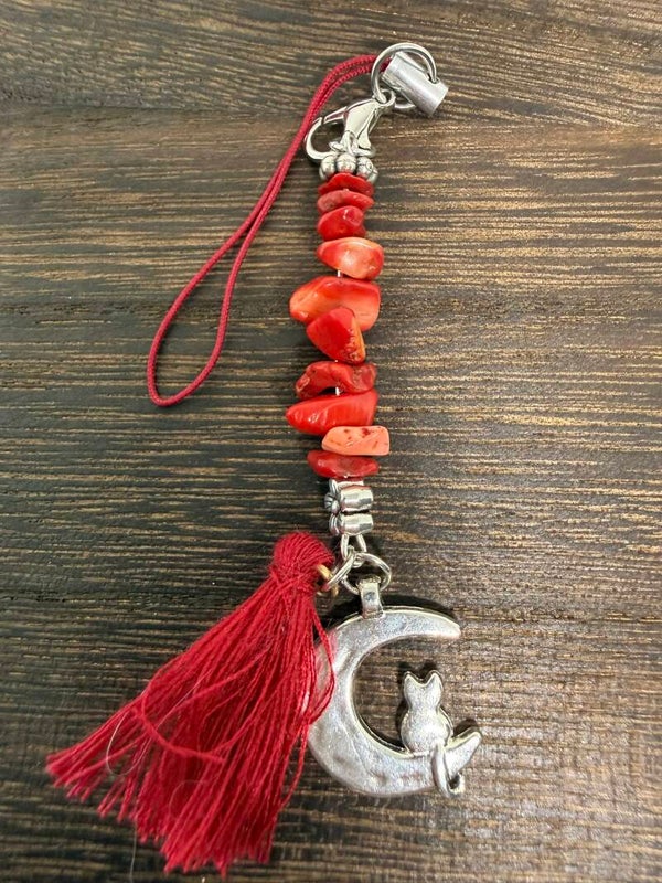 Charm - Red Coral Chips, Silver Moon and Cat Charm, Red Tassel