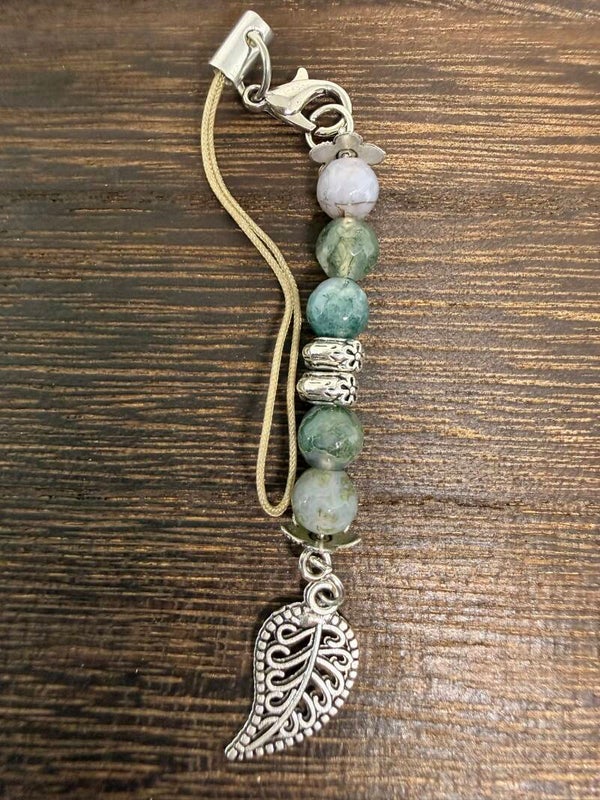 Charm - Moss Agate, Silver Leaf Charm
