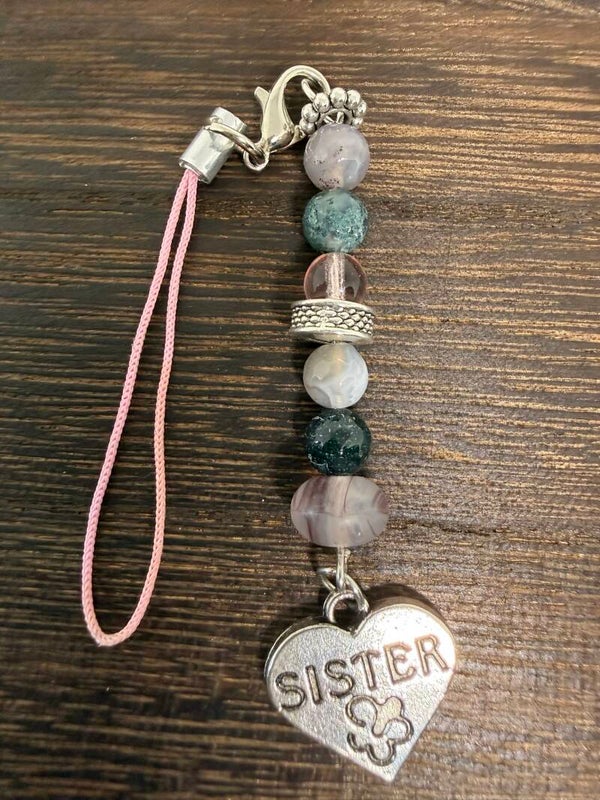 Charm - Moss Agate, Silver "Sister" Charm