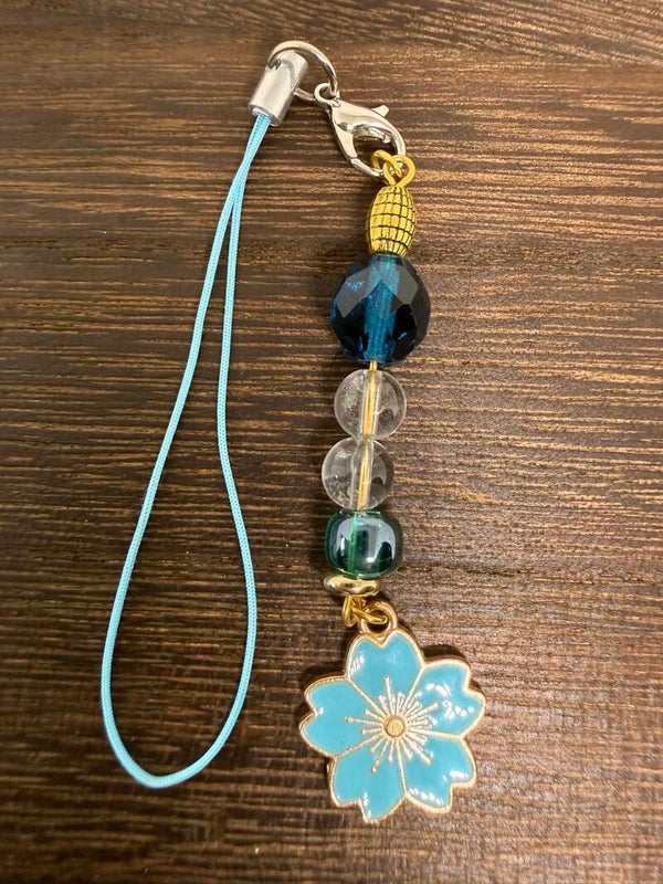 Charm - Clear Quartz, Turquoise Glass Beads, Turquoise Enamel Flower Charm