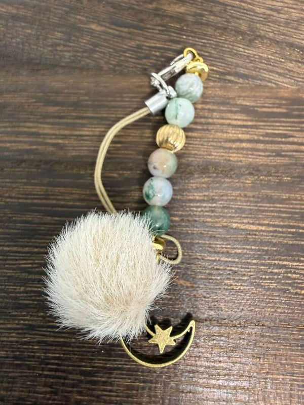Charm - Moss Agate, Antique Moon and Stars, Cream Pompom