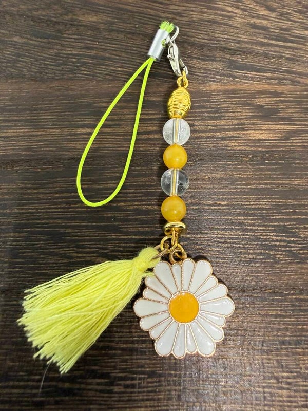 Charm - Clear Quartz Beads, Yellow Agate, White Daisy Enamel Flower Charm and Yellow Tassel