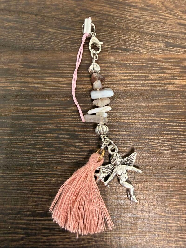 Charm - Botswana Agate Chips, Silver Angel Charm, Pink Tassel