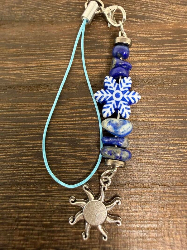 Charm - Lapis Lazuli Chips, White/Blue Flower Spacer, Silver Sun Charm