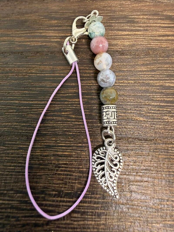 Charm - Ocean Jasper Beads, Silver Leaf Charm