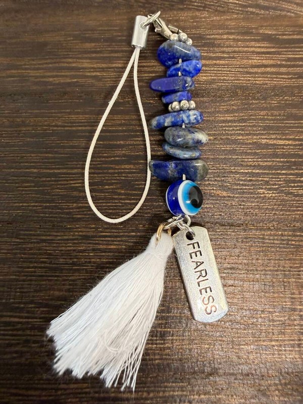 Charm - Lapis Lazuli Chips, Nazar (Evil Eye) Bead, "Fearless" Charm, White Tassel