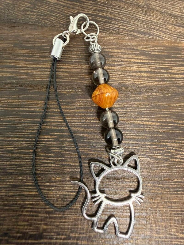 Charm - Smokey Quartz Beads, Gunmetal Grey Cat Charm