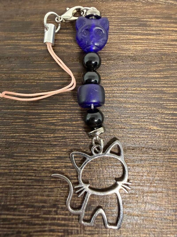 Charm - Black Onyx, Blue Cat Bead, Silver Cat Charm