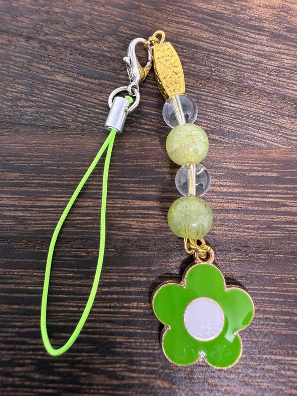 Charm - Clear Quartz, Yellow Glass Beads, Green Enamel Flower Charm