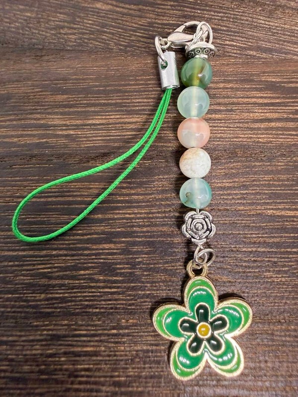 Charm - Green Flower Agate, Green Enamel Flower Charm