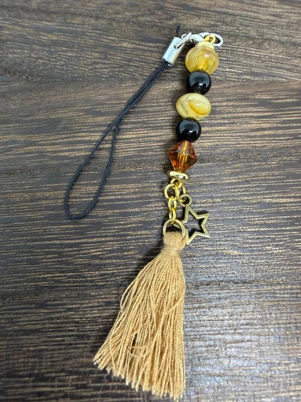 Charm - Black Onyx, Amber Glass Beads, Beige Tassel and Antique Star