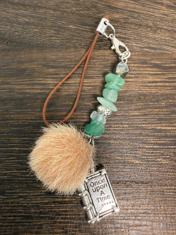 Charm - Green Aventurine Chips, "Once Upon A Time" Charm, Beige PomPom