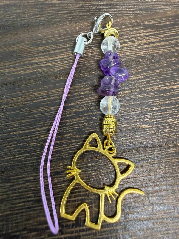 Charm - Amethyst Chips, Clear Quartz Beads, Gold Cat Charm
