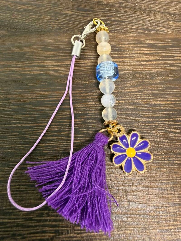 Charm - Milky Quartz, Purple Enamel Flower, Purple Tassel