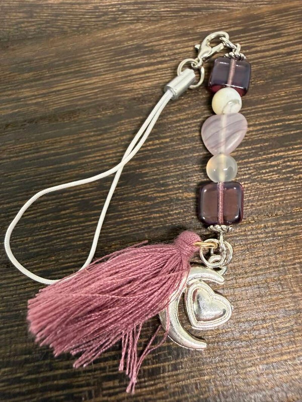 Charm - Milky Quartz, Purple Glass Beads, Silver Moon/Heart Charm, Rose Tassel