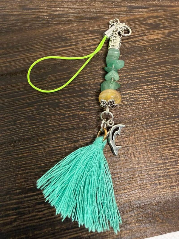 Charm - Green Aventurine Chips, Dolphin Charm, Light Green Tassel