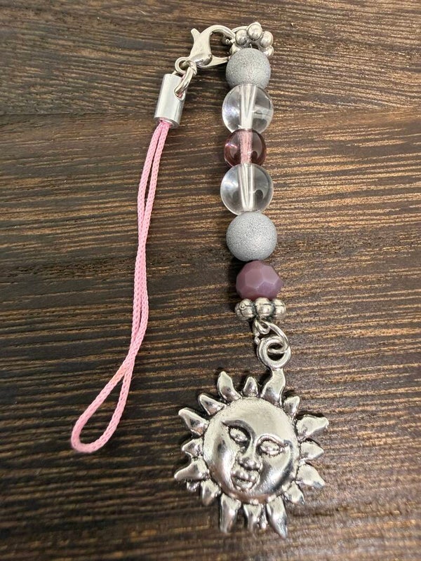Charm - Clear Quartz, Purple Glass Beads, Silver Smiley Sun Charm