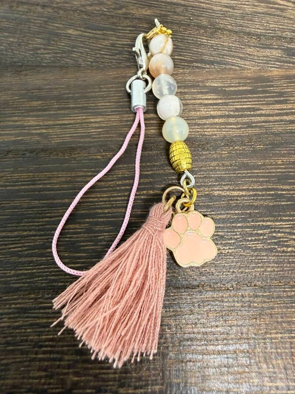 Charm - Flower Agate, Rose Enamel Paw Charm, Rose Tassel