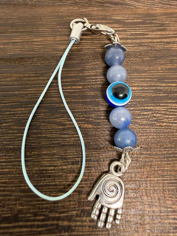 Charm - Blue Aventurine, Nazar (Evil Eye), Silver Hamsa Charm
