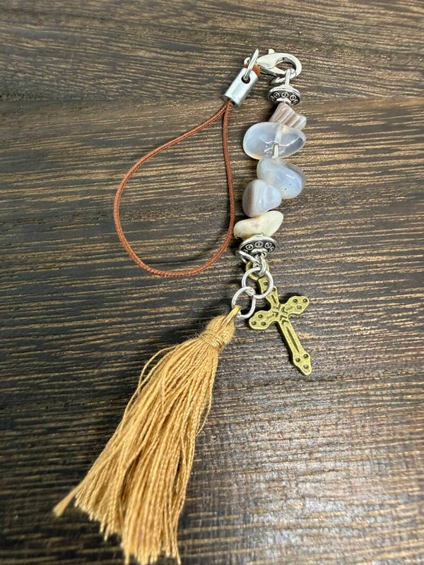 Charm - Botswana Agate Chips, Antique Cross, Gold Tassel