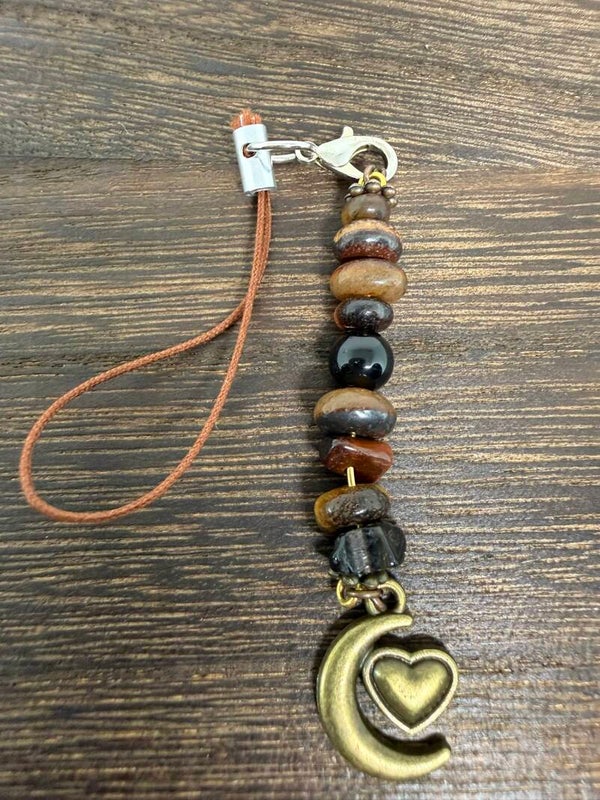 Charm - Red Tiger's Eye Chips, Antique Moon/Heart Charm