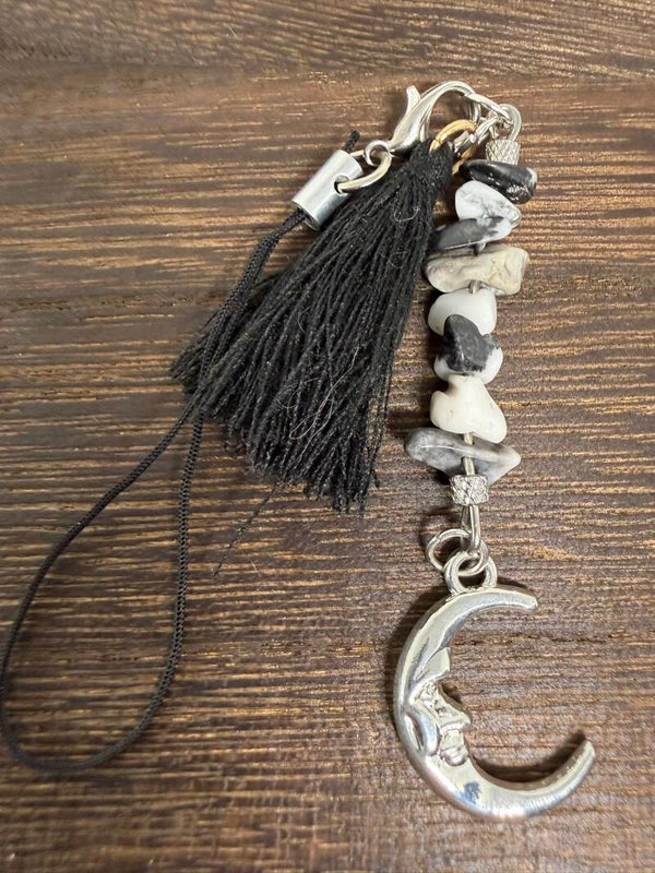 Charm - Zebra Jasper Chips, Silver Halfmoon Charm