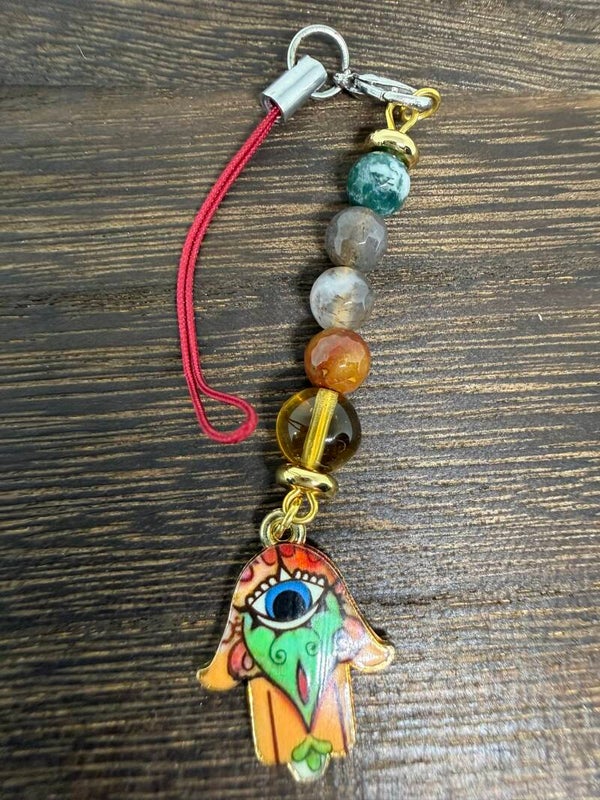 Charm - Ocean Jasper Beads, Amber Glass Bead, Colorful Hamsa Charm