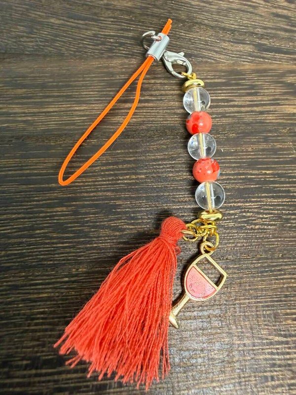 Charm - Clear Quartz, Orange Glass Beads, Orange Drink Charm, Orange Tassel