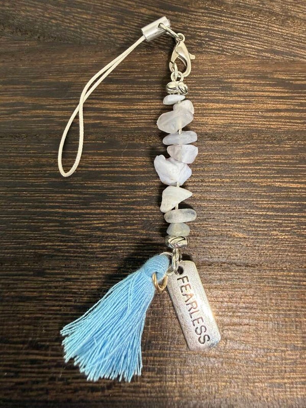 Charm - Botswana Agate, "Fearless" Charm, Light Blue Tassel