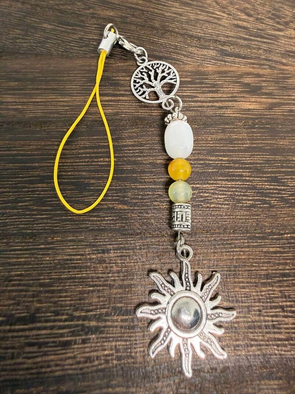 Charm - Milky Quartz, Glass Beads, Silver Tree of Life and Sunburst Charms