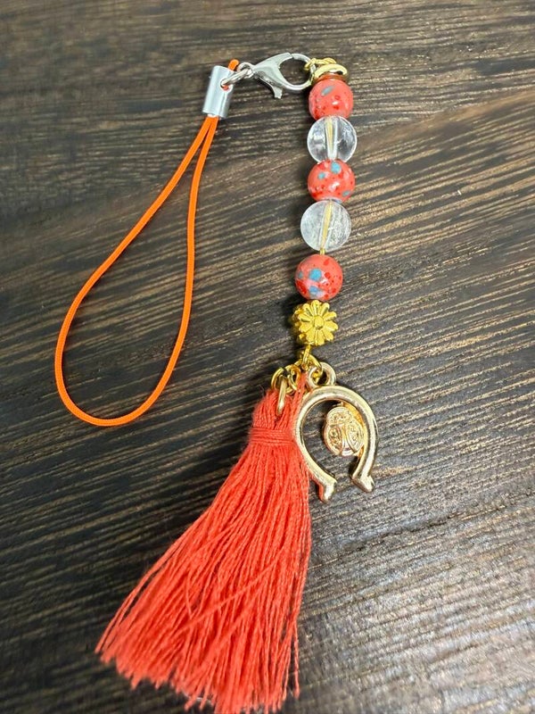 Charm - Clear Quartz, Orange Glass Beads, Golden Horseshoe, Orange Tassel