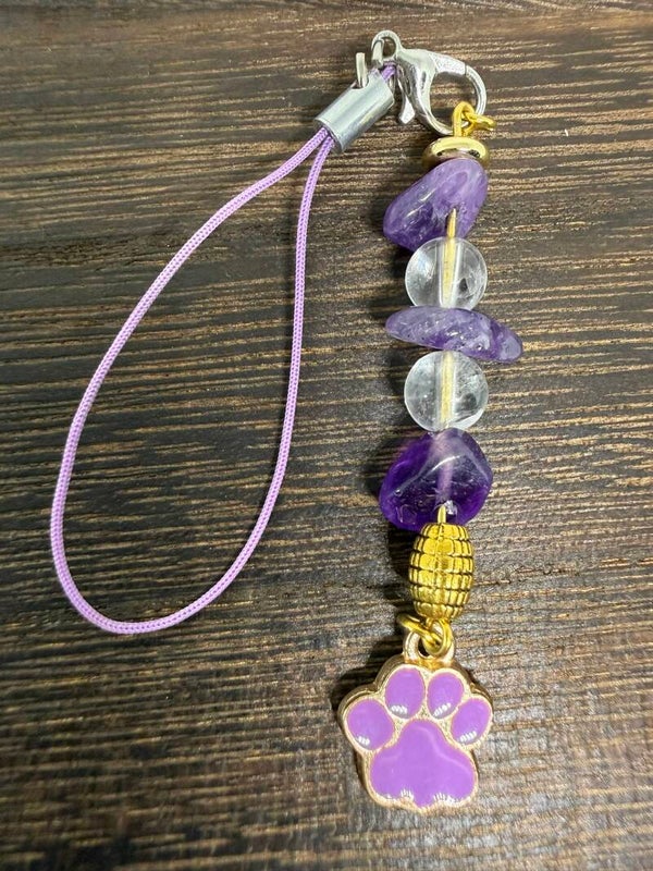Charms - Amethyst, Clear Quartz, Purple Enamel Paw Charm