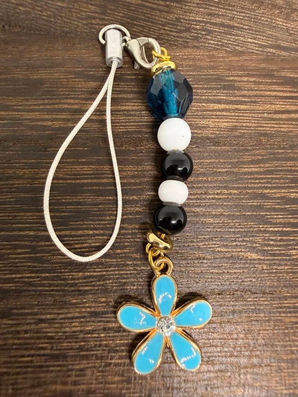 Charm - Black Onyx, White Glass Beads, Turquoise Enamel Flower Charm
