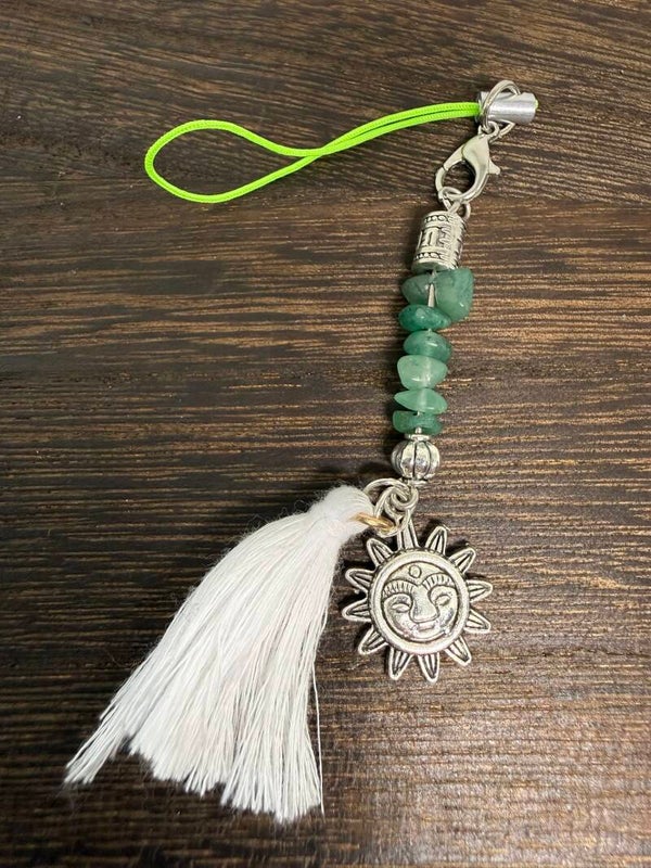 Charm - Green Aventurine Chips, Silver Smiley Sunburst Charm, White Tassel