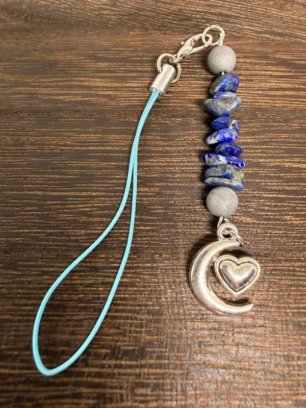 Charm - Lapis Lazuli Chips, Silver Druzy Beads, Silver Half Moon/Heart Charm