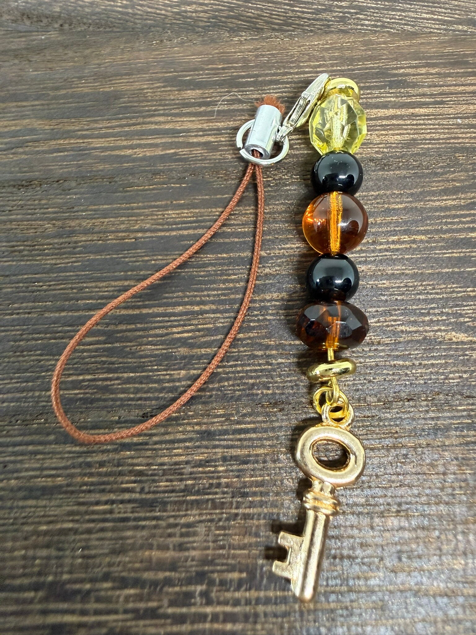 Charm - Black Onyx, Amber Glass Beads, Gold Key Charm